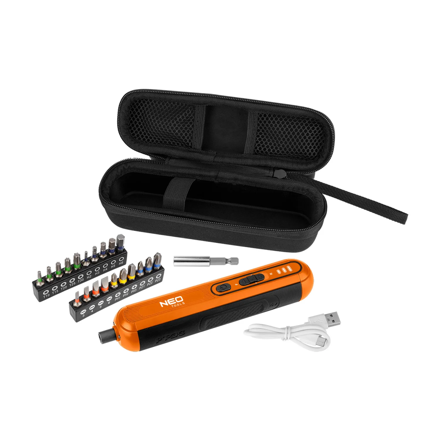 NEO Akkus csavarhúzó készlet, 4V, Li-Ion akku, USB-C töltő, 20bit, tok