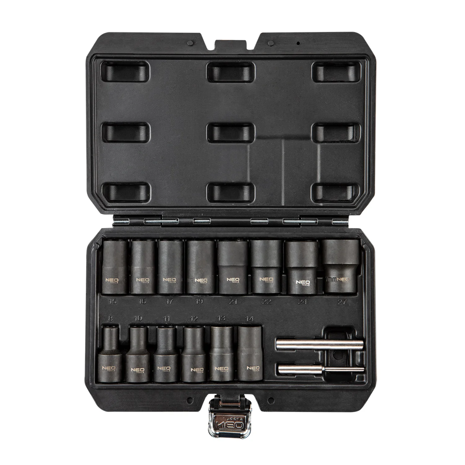 NEO Dugókulcskészlet sérült fejű csavarokhoz, 1/2”, 8, 10, 11, 12, 13, 14, 15, 16, 17, 19, 21, 22, 24, 27mm, 16db