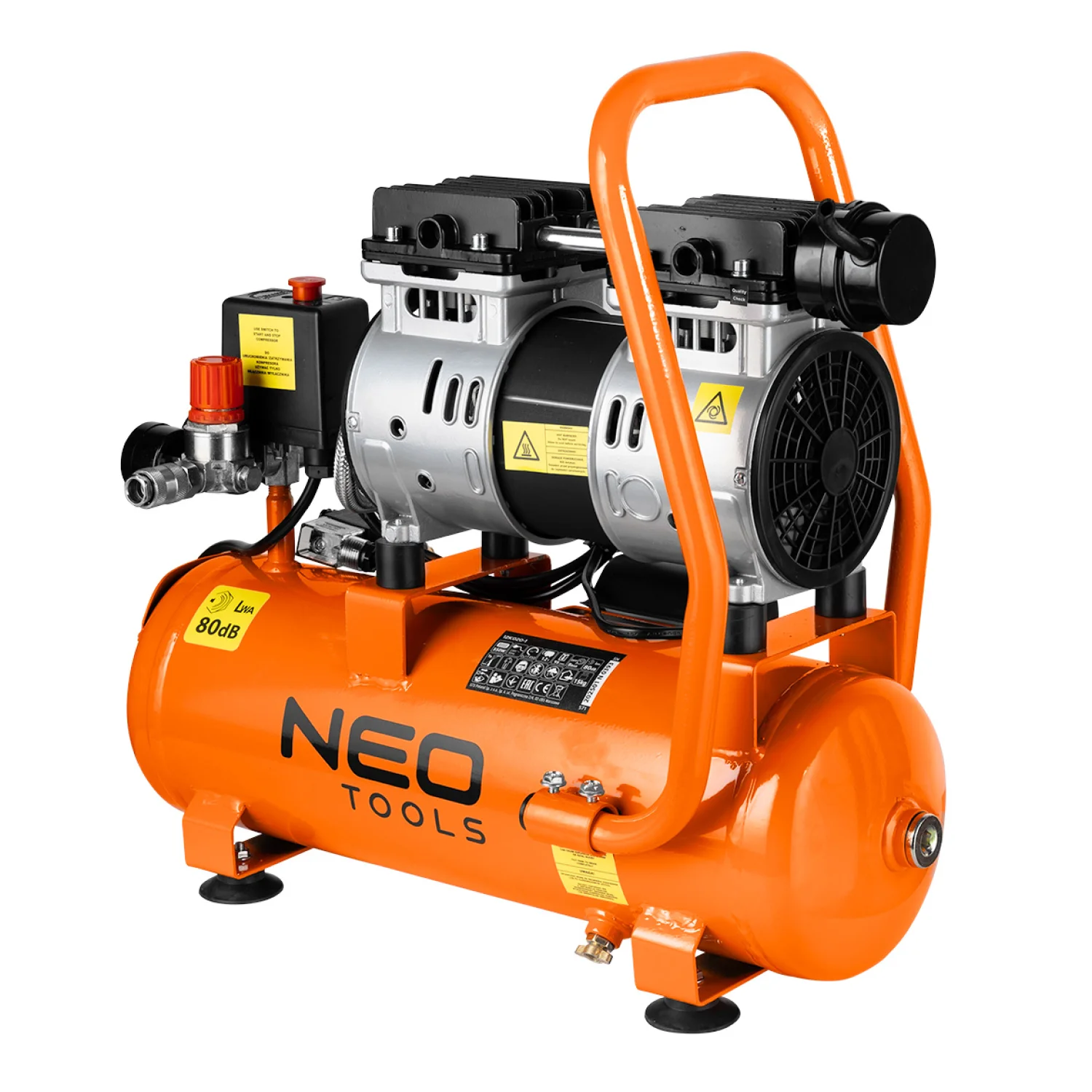 NEO Kompresszor, 12L, olajmentes, extra csendes, kefementes motorral, 95L/perc, 8bar