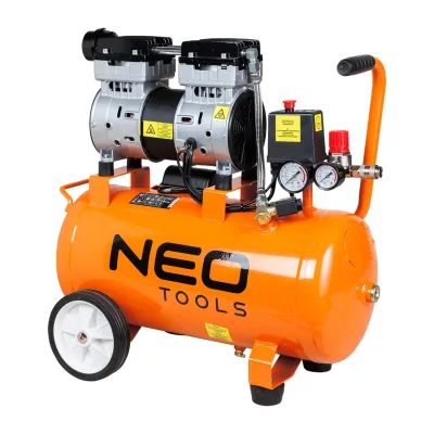NEO Kompresszor, 24L, 8 bar, 125l/perc, extra csendes, kefementes motorral, olajmentes, 80db gép
