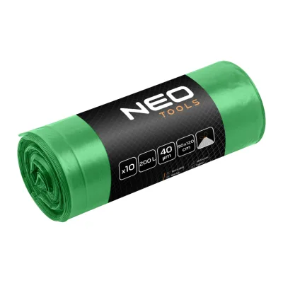 NEO Szemeteszsák 200L, 90x120cm, zöld, erősített húzószalagos, vastagság 40mic, 10db építőipari kéziszerszám