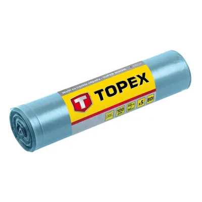 TOPEX Szemeteszsák 80L, 60x90cm, nagy teherbírású, kék, vastagság 100 mic, LDPE fólia, 5db építőipari kéziszerszám