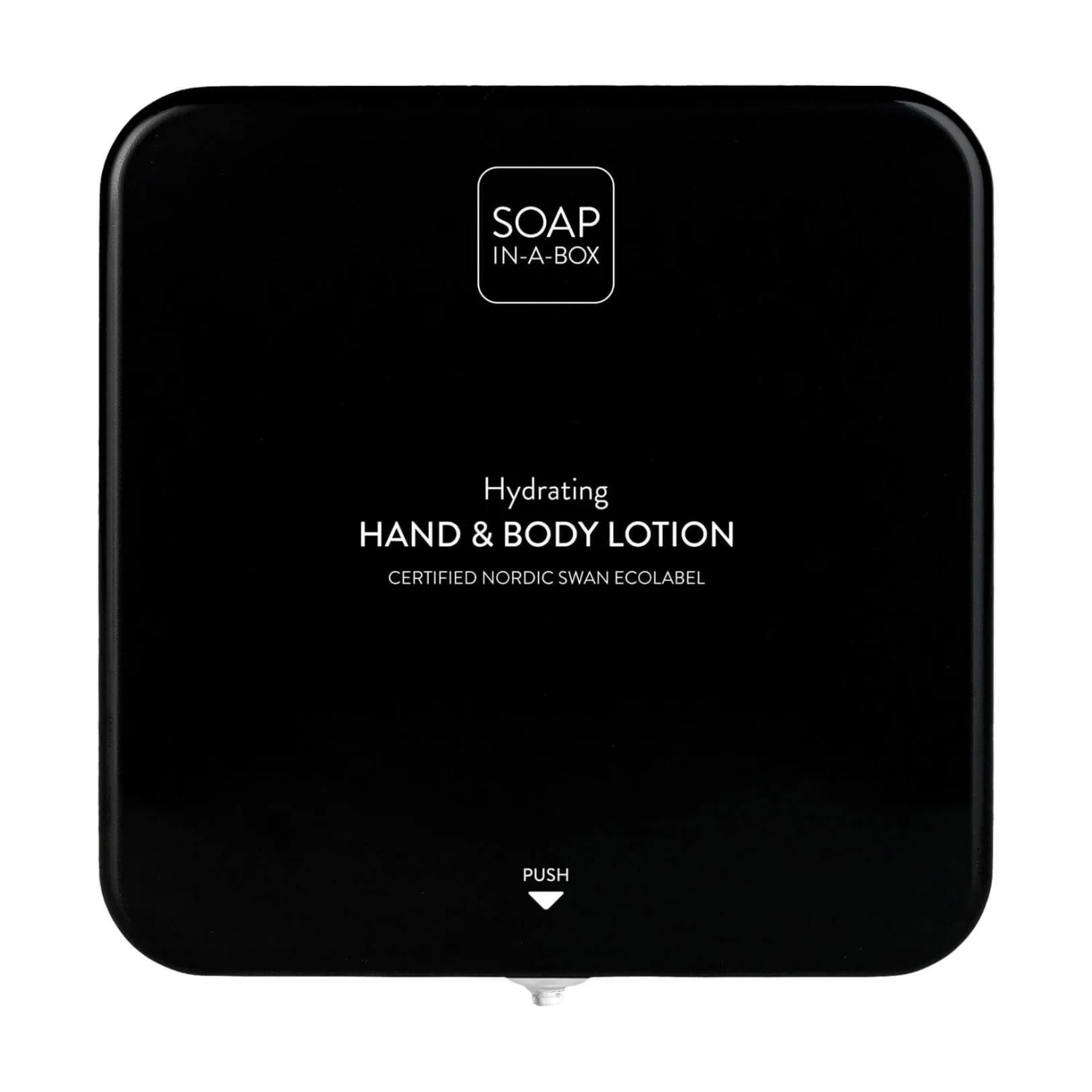 Nordik Soap-In-A-Box fényes fekete kéz- és testápoló adagoló, előlap