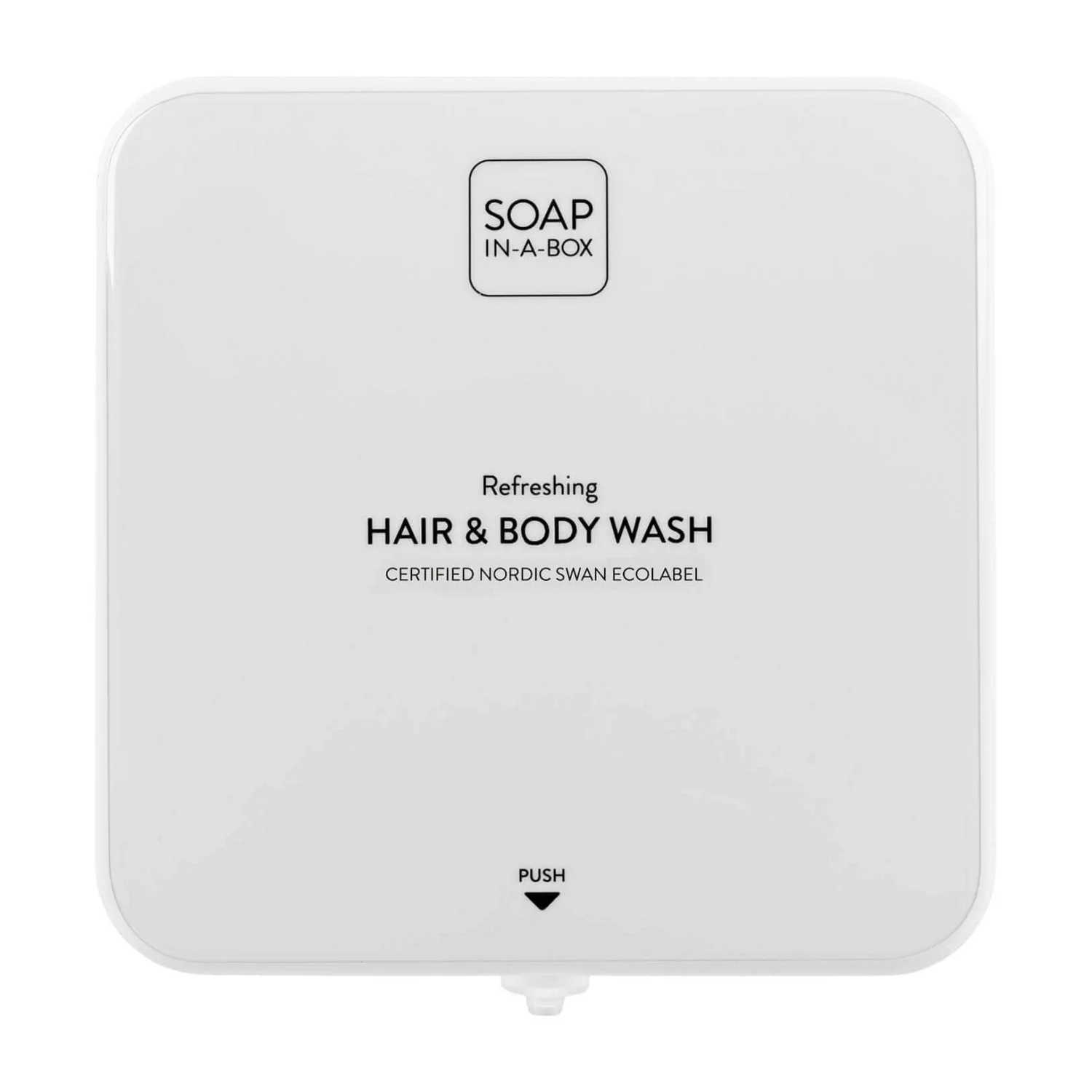 Nordik Soap-In-A-Box fényes fehér tusfürdő és sampon adagoló, előlap