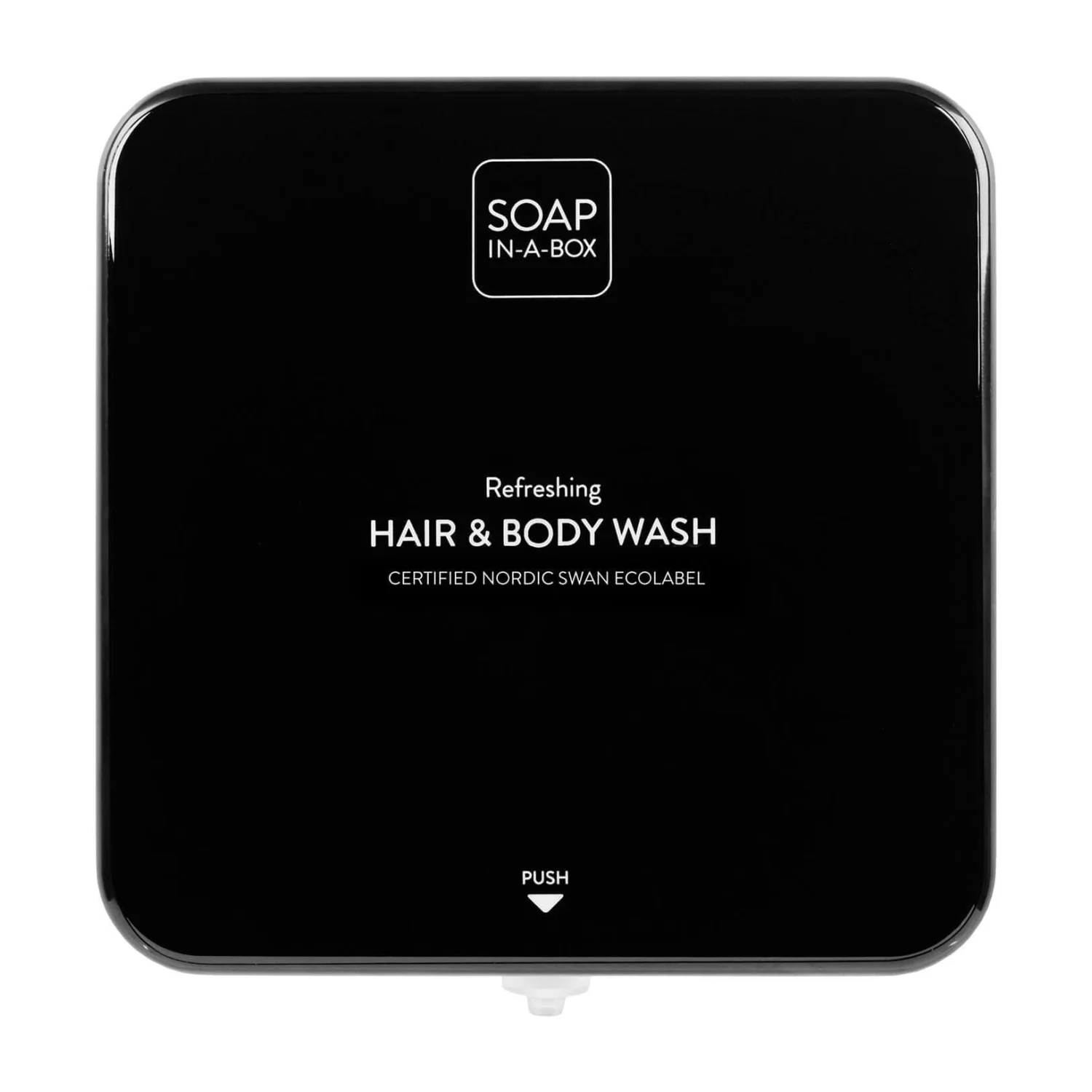 Nordik Soap-In-A-Box fényes fekete tusfürdő és sampon adagoló, előlap