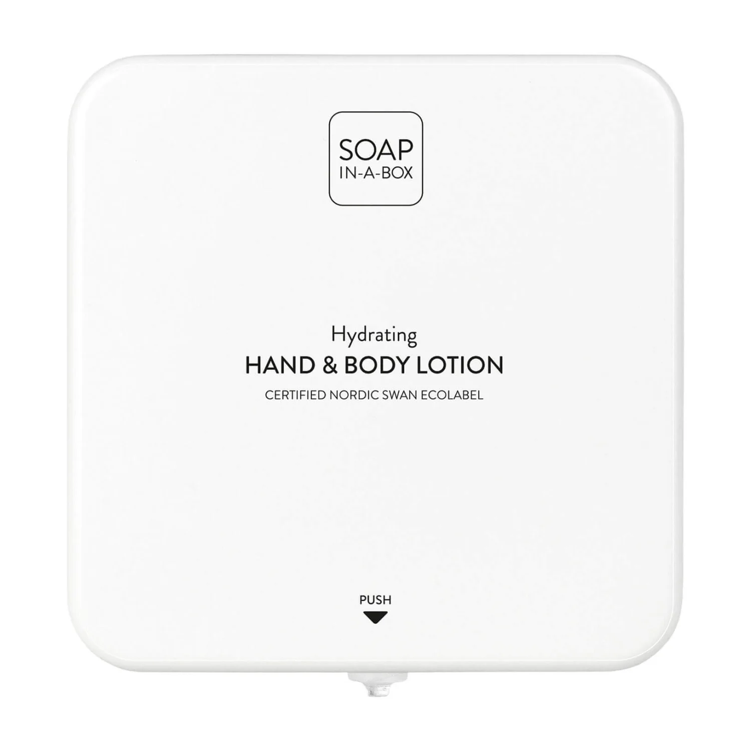 Nordik Soap-In-A-Box fényes fehér kéz- és testápoló adagoló, előlap