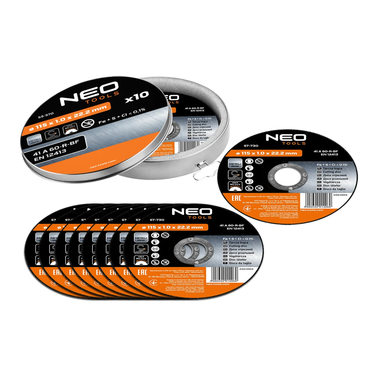 NEO Vágókorong fémhez 115x1x22.2mm, 10db, 41A60-T-BF, INOX