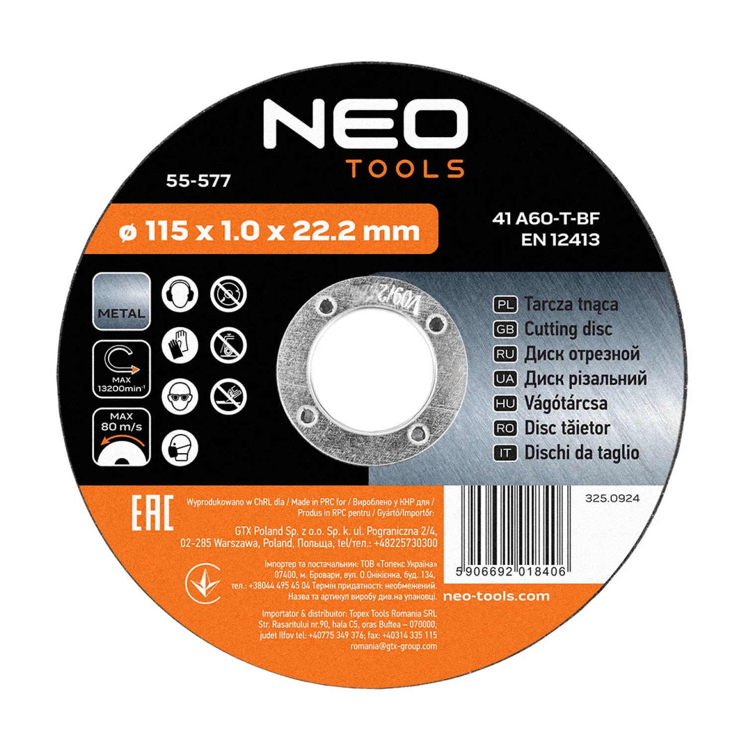 NEO Vágókorong, fémhez, 115x1x22.2mm, 41A60-T-BF, 10db