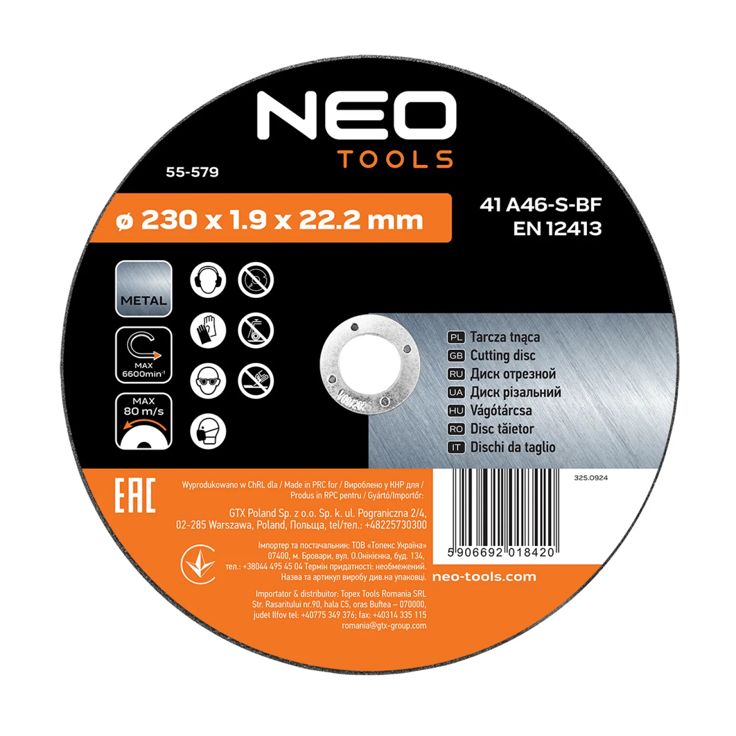 NEO Vágókorong fémhez, 230x1.9x22.2mm, 41 A46-S-BF, 5db