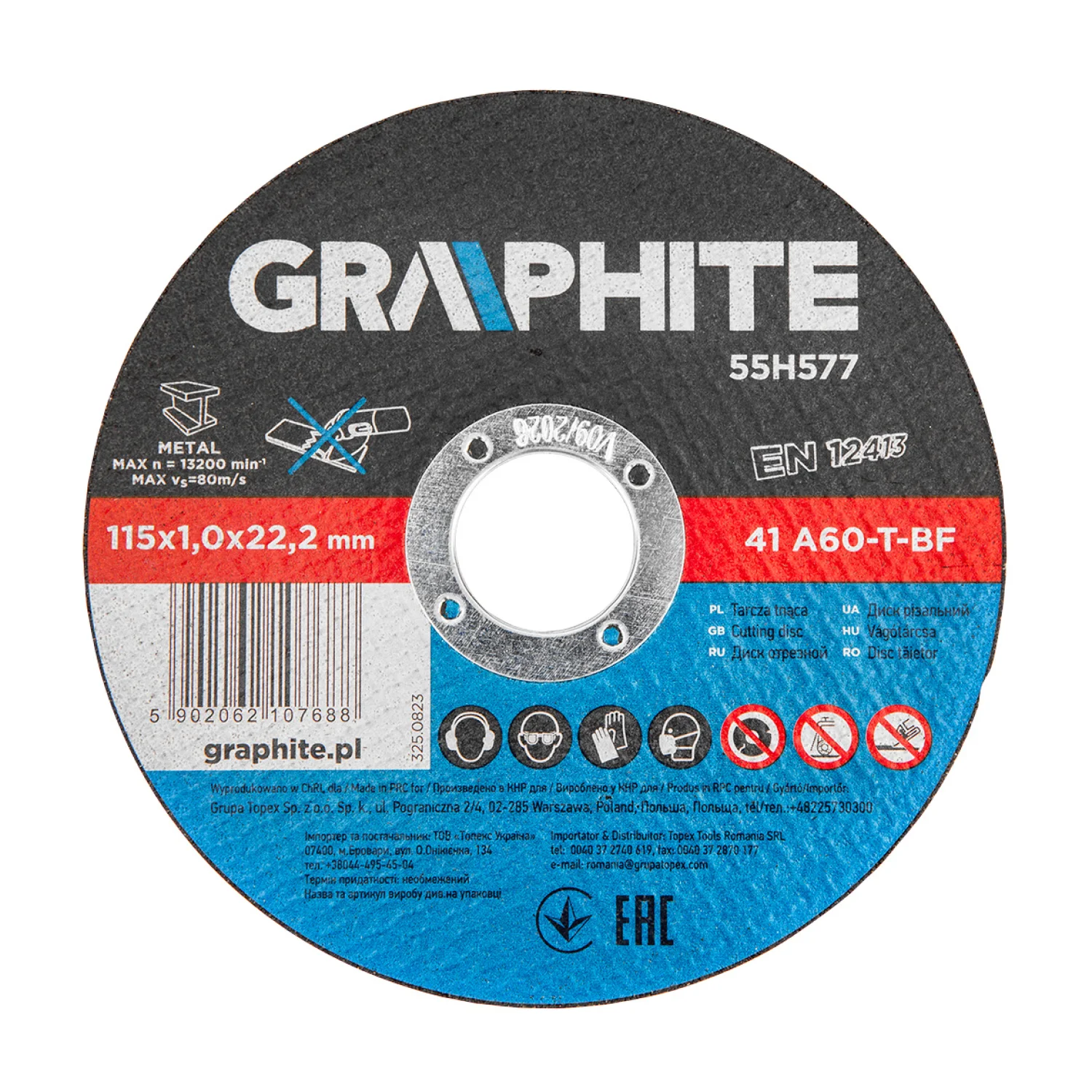 GRAPHITE Vágókorong, fémhez, 115x1x22.2mm, 41A60-T-BF, 10db