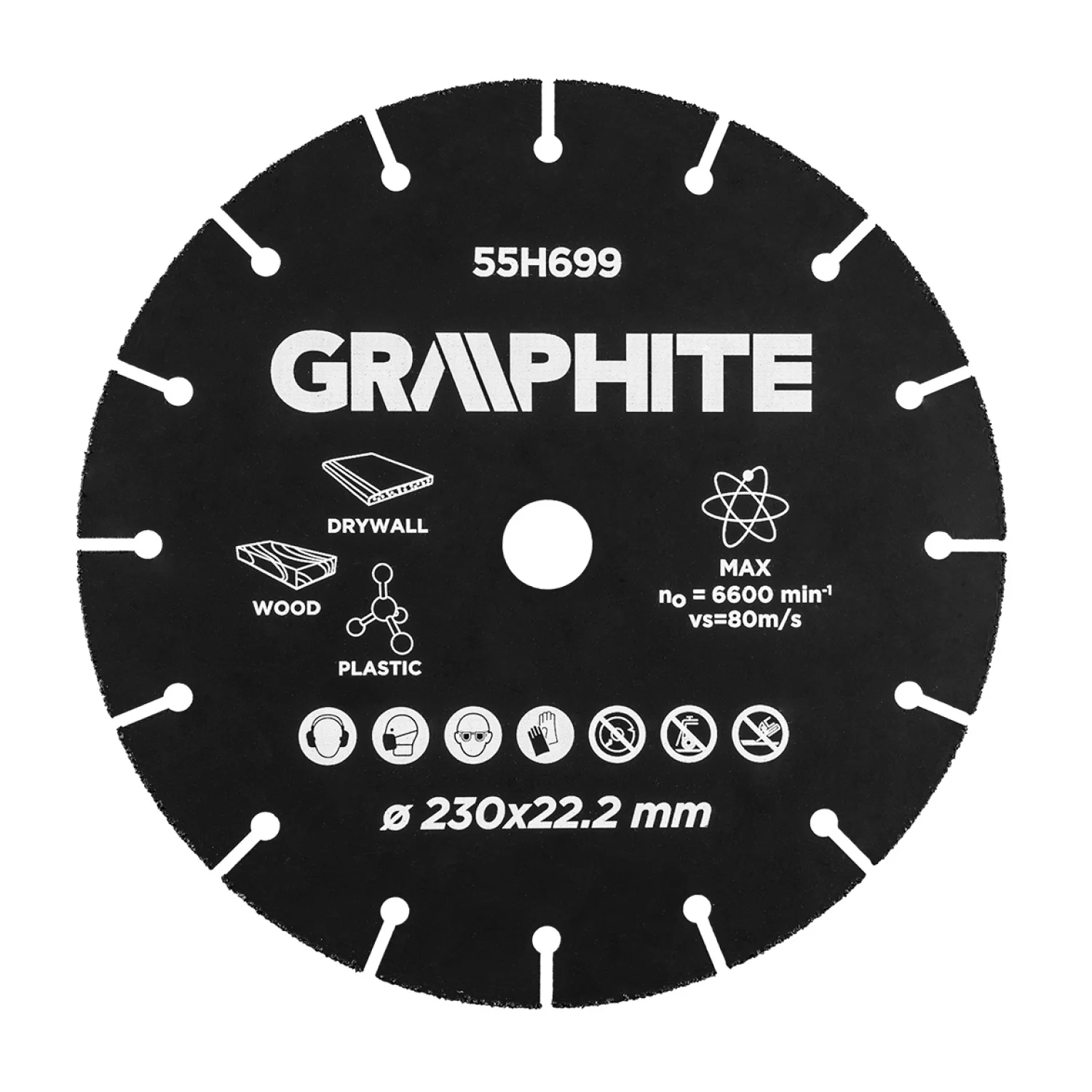 GRAPHITE Vágókorong, fához, műanyaghoz, volfrámkarbid, 230x22.2mm