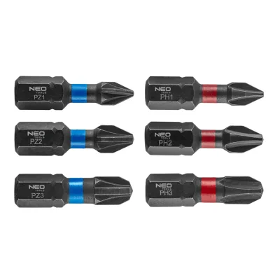 NEO Torziós ütvecsavarozó bit PH1/2/3, PZ1/2/3x25mm, 6db csavarhúzók és bitfej