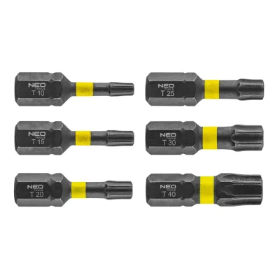 NEO Torziós ütvecsavarozó bit Torx 10/15/20/25/30/40x25mm, 6db csavarhúzók és bitfej