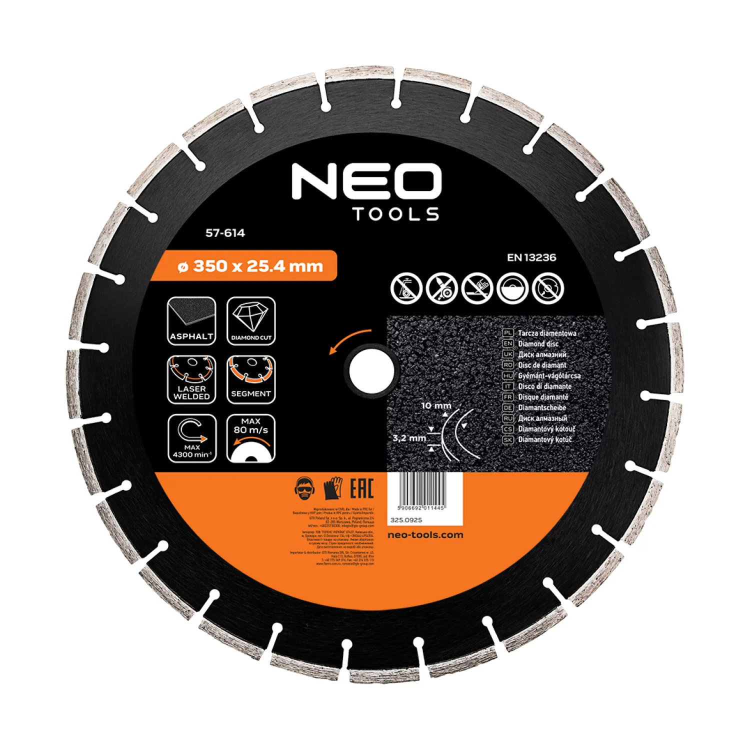 NEO Gyémánt vágókorong 350mm szegmenses lézer hegesztett, belső átm. 25, 4mm, 8mm szegmens