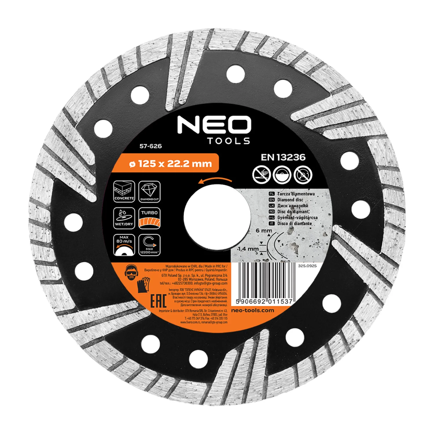 NEO Gyémánt vágókorong 125mm turbo