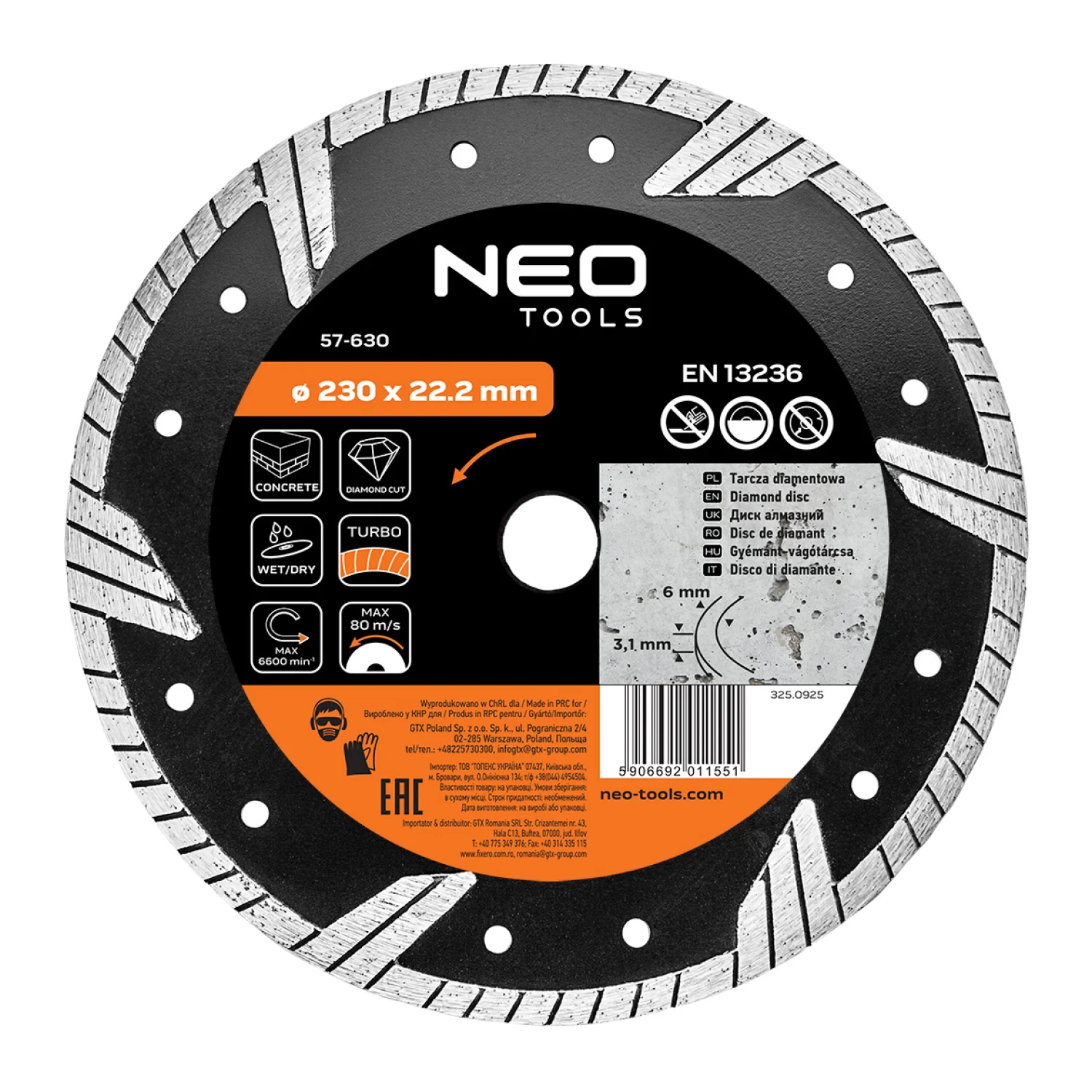 NEO Gyémánt vágókorong 230mm turbo
