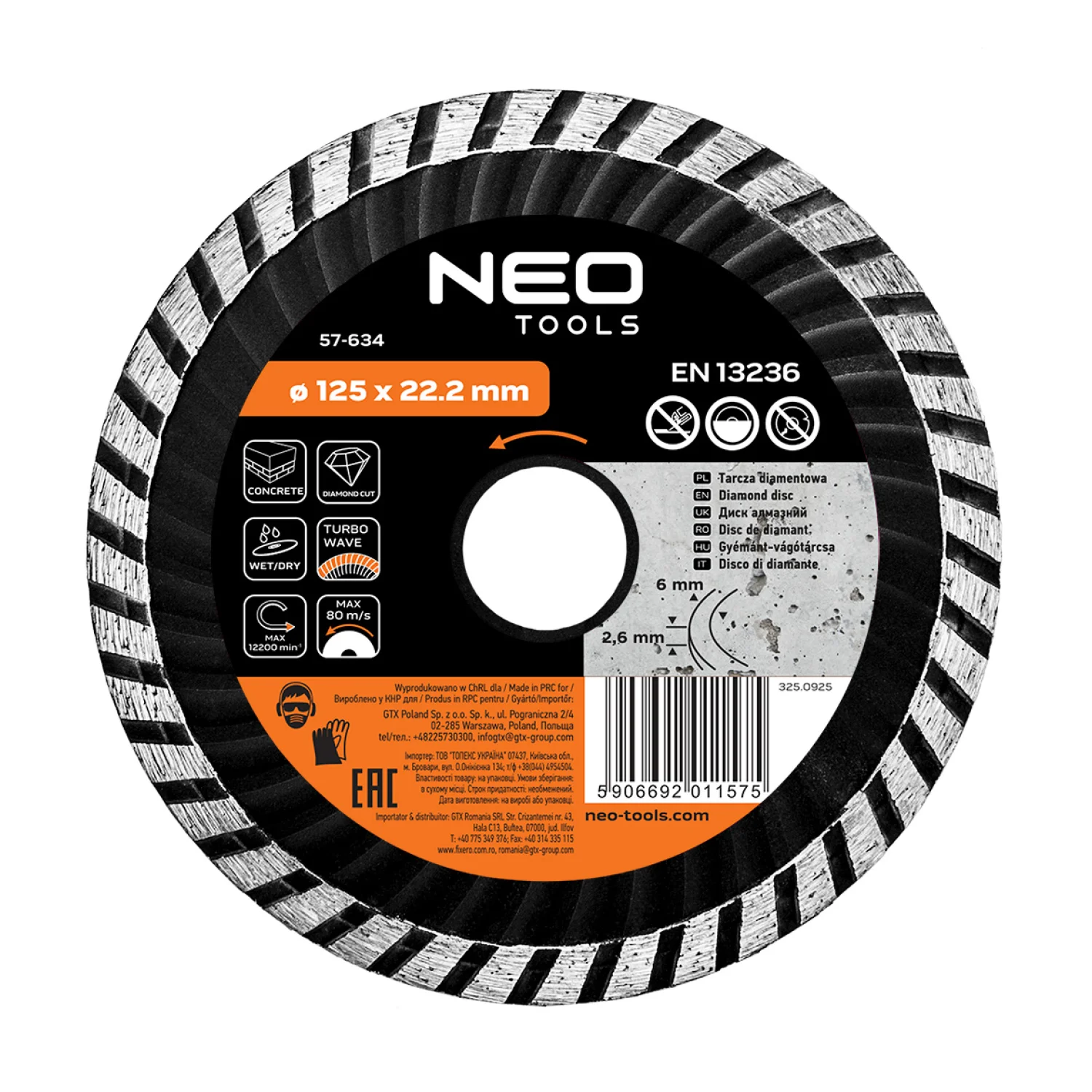 NEO Gyémánt vágókorong 125mm turbo hűtőbordás