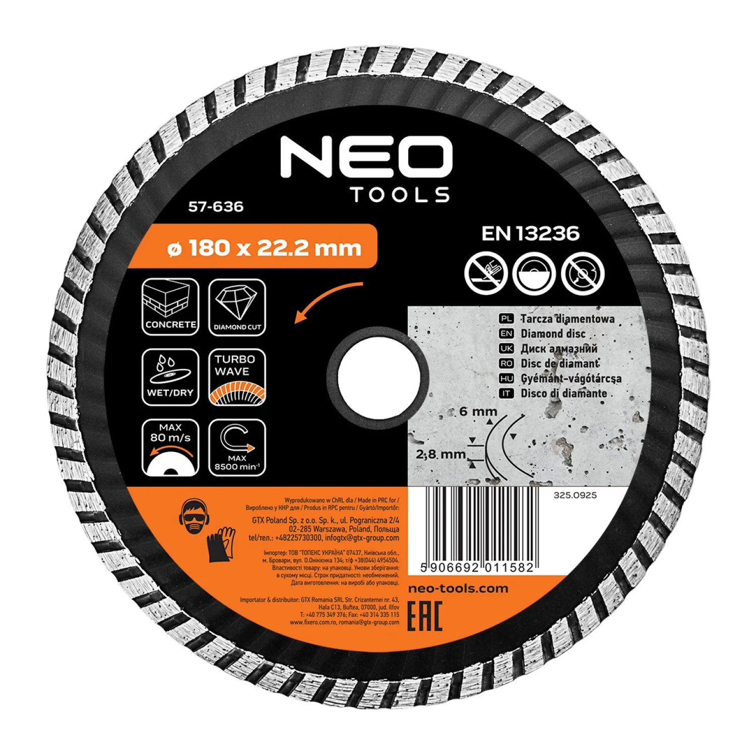 NEO Gyémánt vágókorong 180mm turbo hűtőbordás