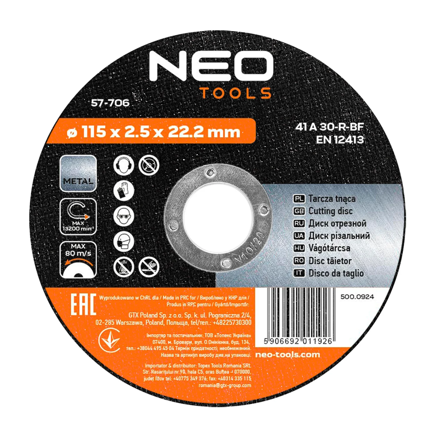 NEO Vágókorong fémhez 115x2.5x22mm, 41 A30-T-BF, min. rendelés: 5db