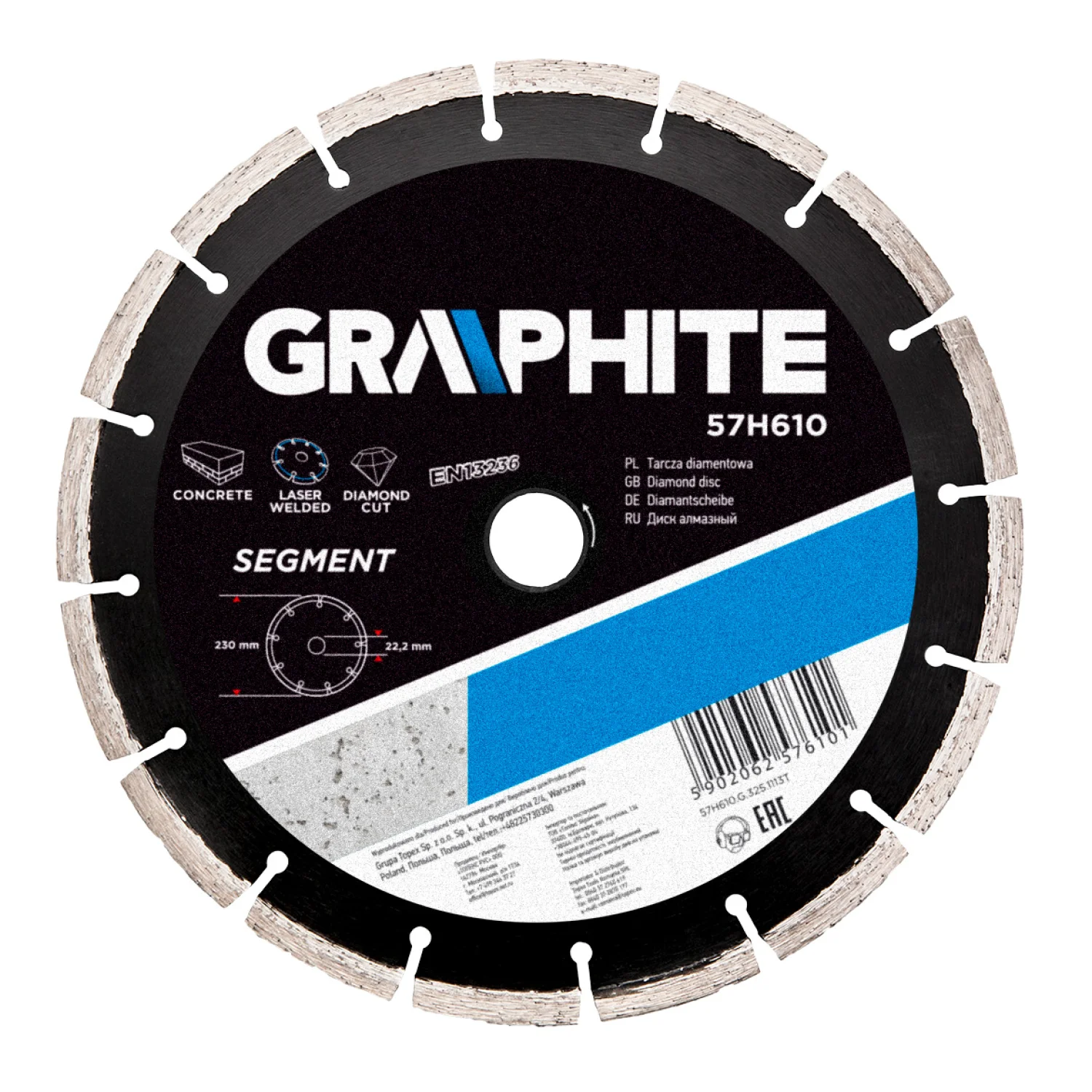 GRAPHITE Gyémánt vágókorong 230mm szegmenses lézer hegesztett, 8mm szegmens