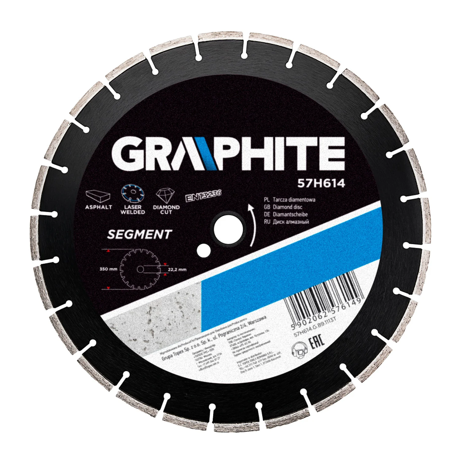 GRAPHITE Gyémánt vágókorong 350mm szegmenses lézer hegesztett, belső átm. 25, 4mm, 8mm szegmens