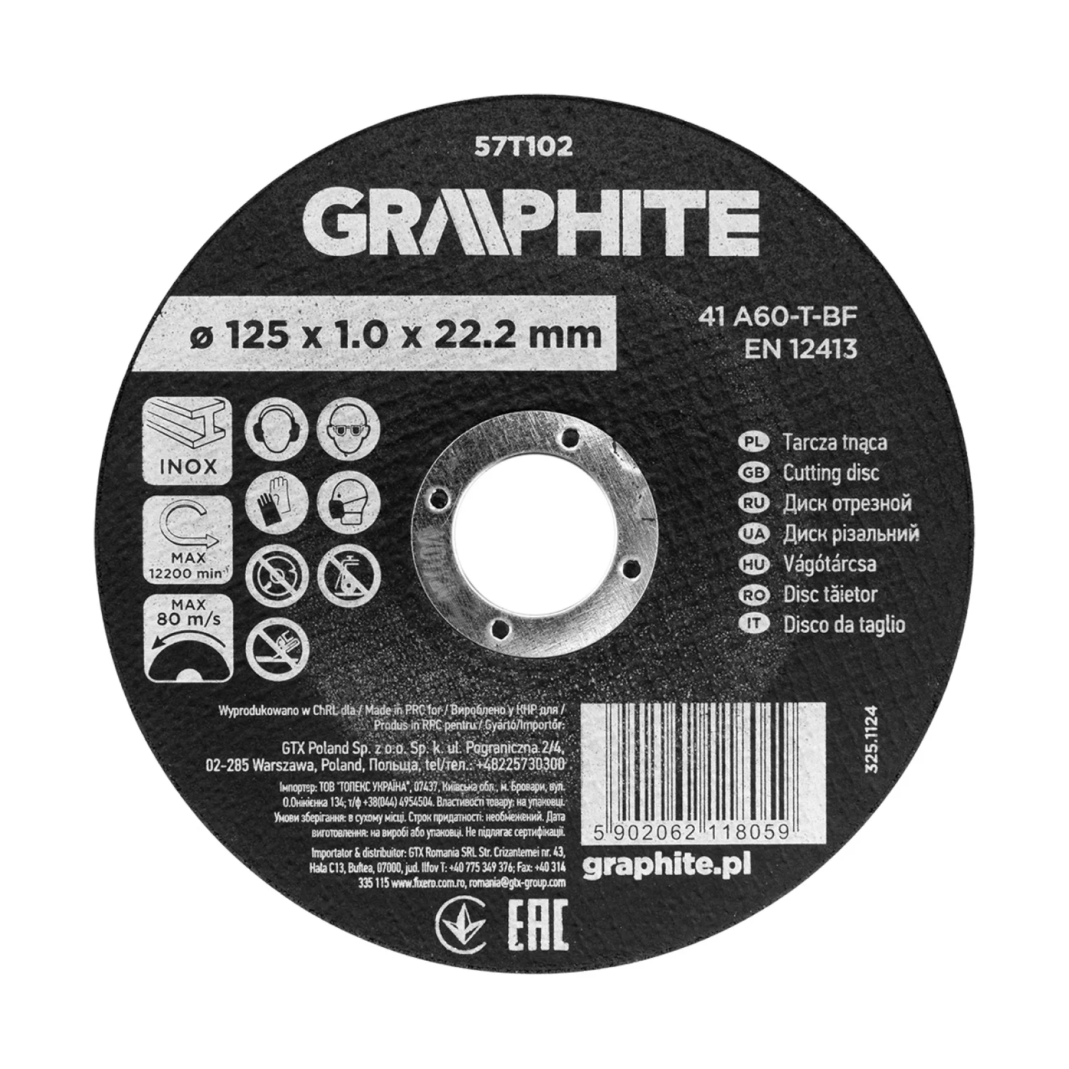 GRAPHITE Vágókorong fémhez, alumínium oxid 125x1x22,2 INOX 41 A60-T-BF, min.rendelés: 3db
