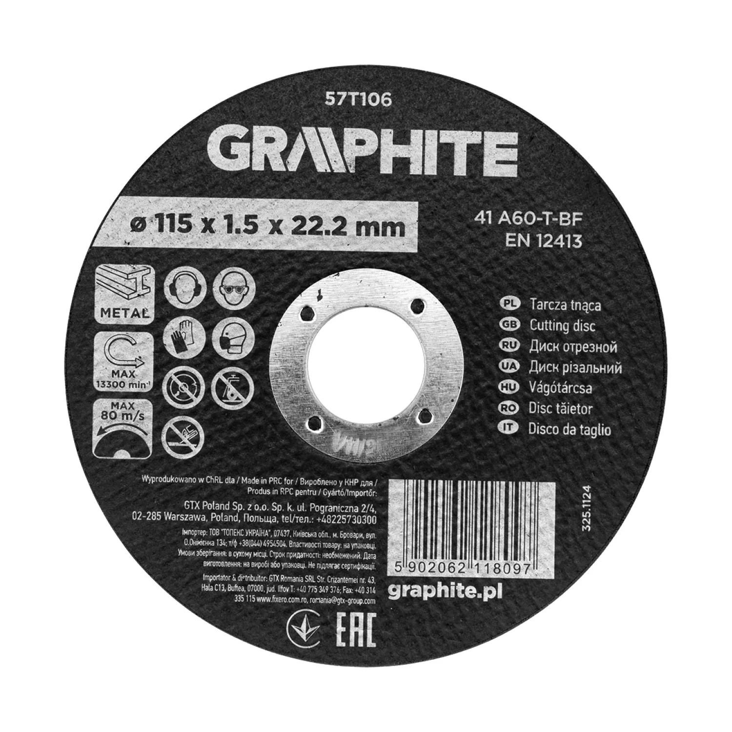 GRAPHITE Vágókorong fémhez, alumínium oxid 115x1,5x22,2  41 A60-T-BF, min.rendelés: 3db