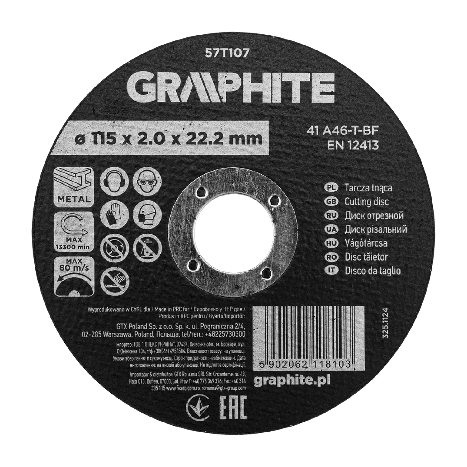 GRAPHITE Vágókorong fémhez, alumínium oxid 115x2x22,2  41 A46-T-BF, min.rendelés: 3db