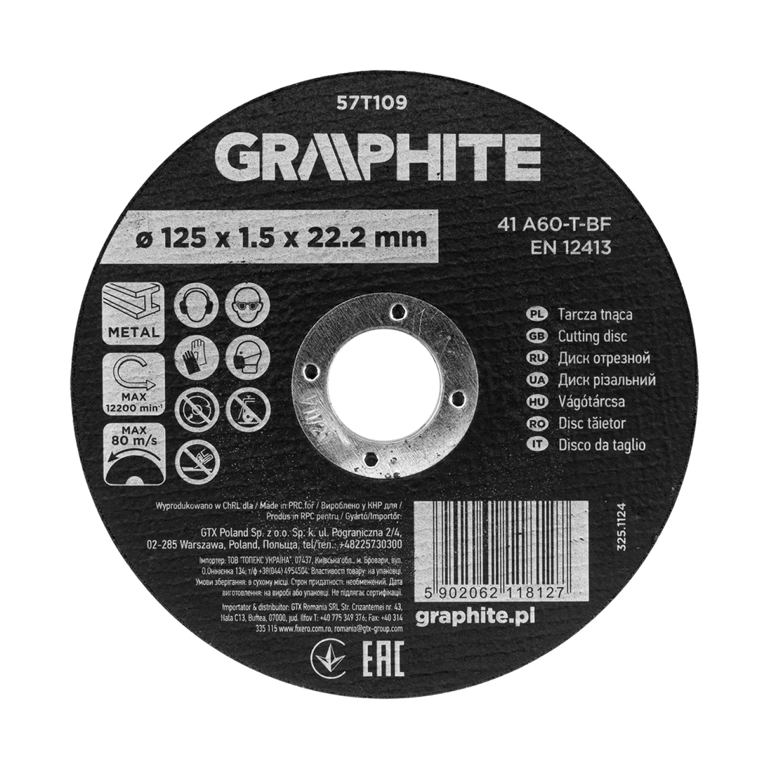 GRAPHITE Vágókorong fémhez, alumínium oxid 125x1,5x22,2  41 A60-T-BF, min.rendelés: 3db
