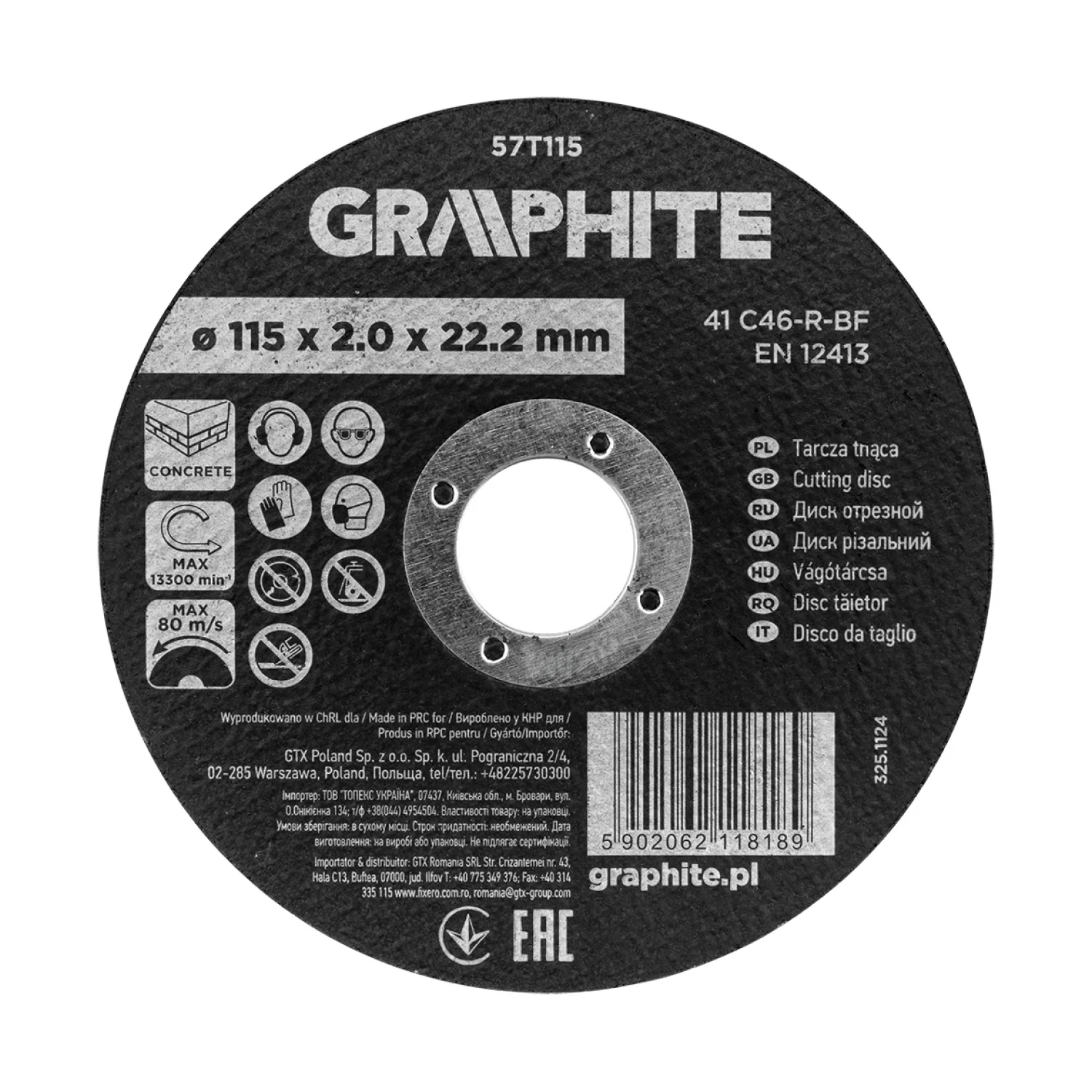 GRAPHITE Vágókorong kőhöz, alumínium oxid 115x2x22,2 41 C46-R-BF, min.rendelés: 3db