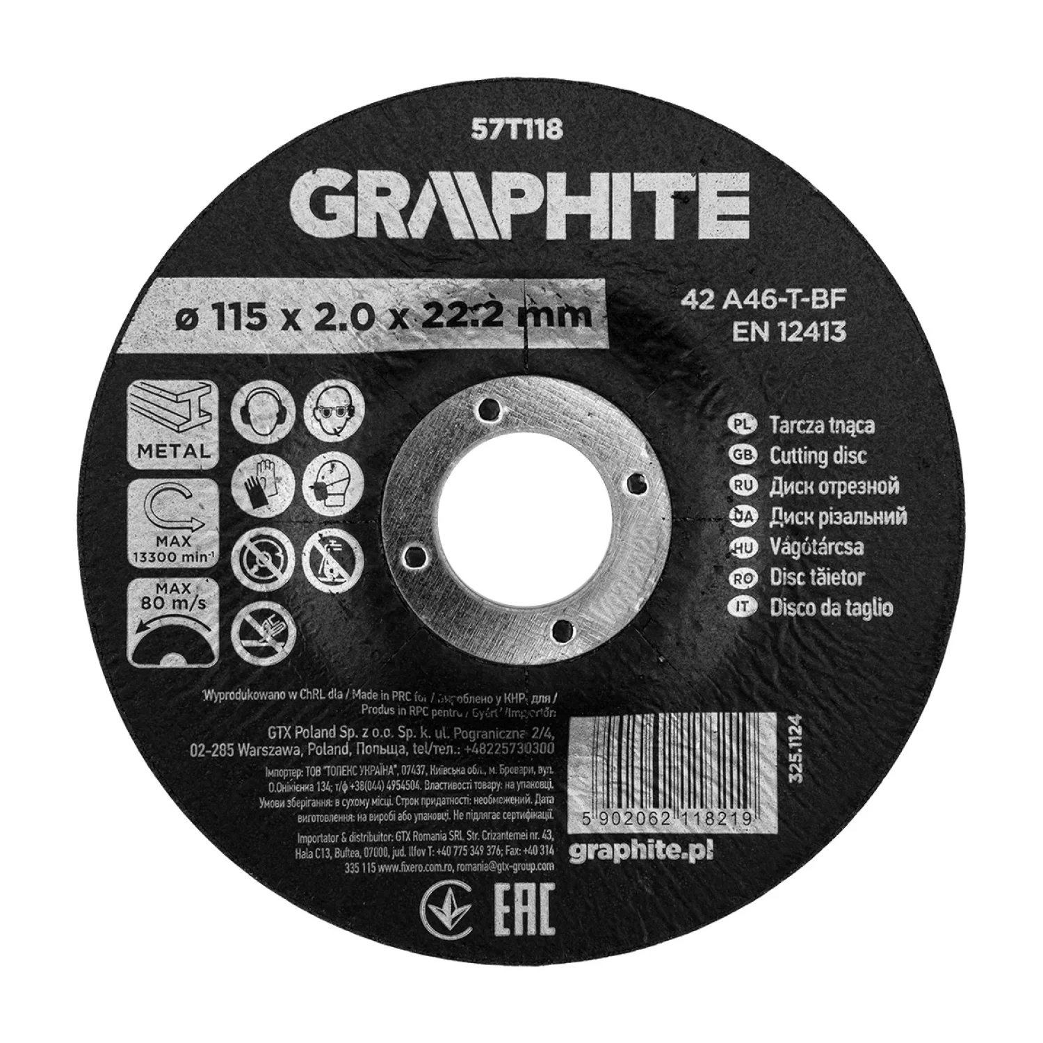 GRAPHITE Vágókorong fémhez, korund süllyesztett furattal 115x2x22,2 42 A46-T-BF, min.rendelés: 3db