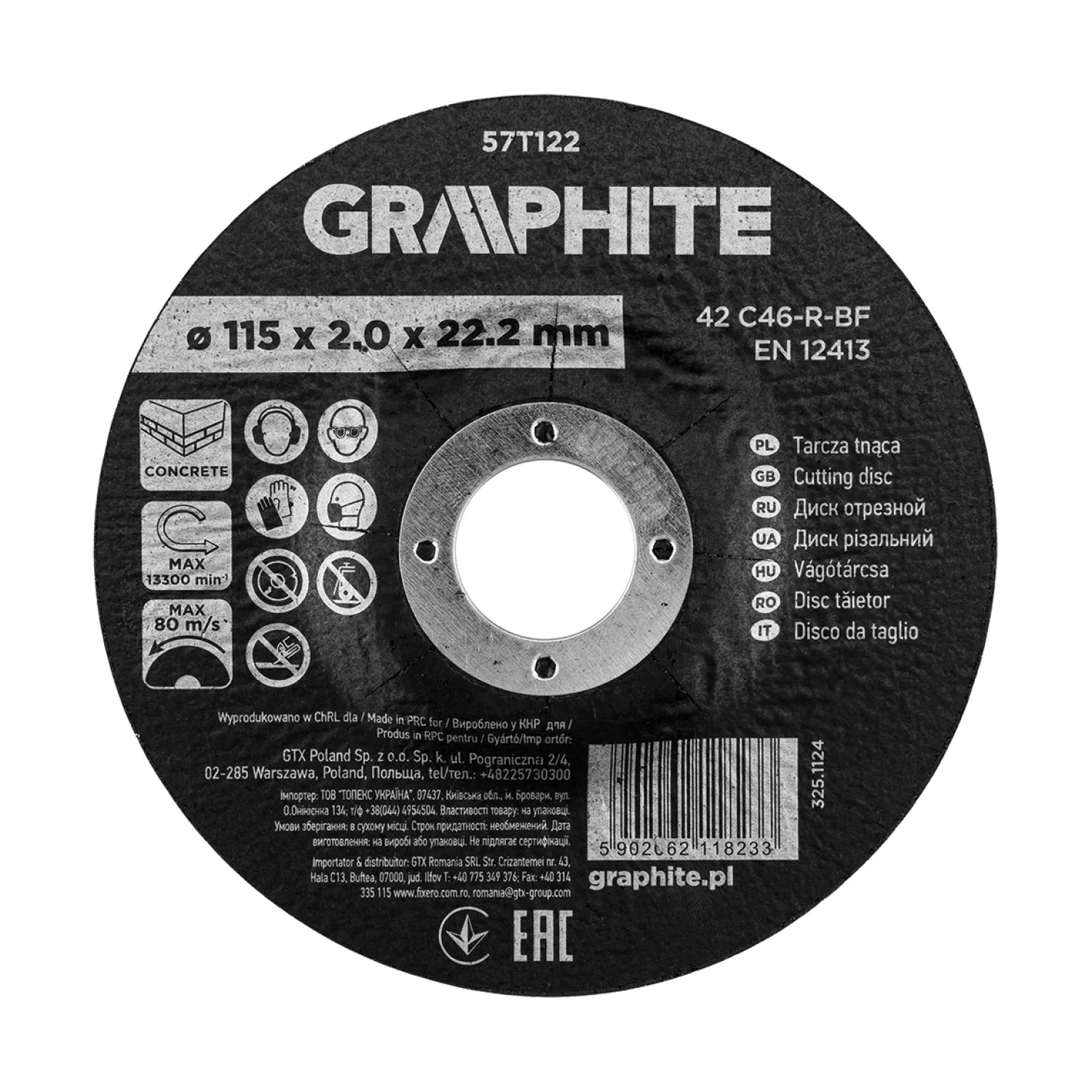 GRAPHITE Vágókorong kőhöz, korund  süllyesztett furattal 115x2x22,2 42 C46-R-BF, min.rendelés: 3db