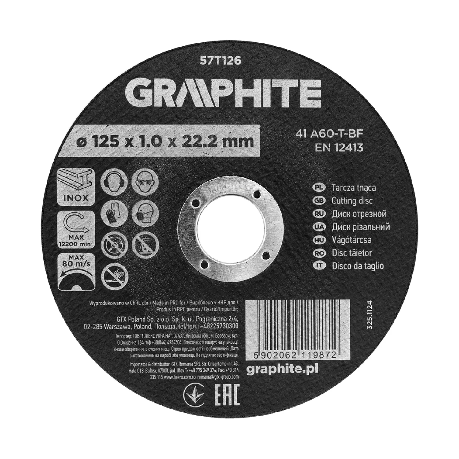 GRAPHITE Vágókorong fémhez, korund 125x1x22,2 INOX 41 A60-T-BF, 110db