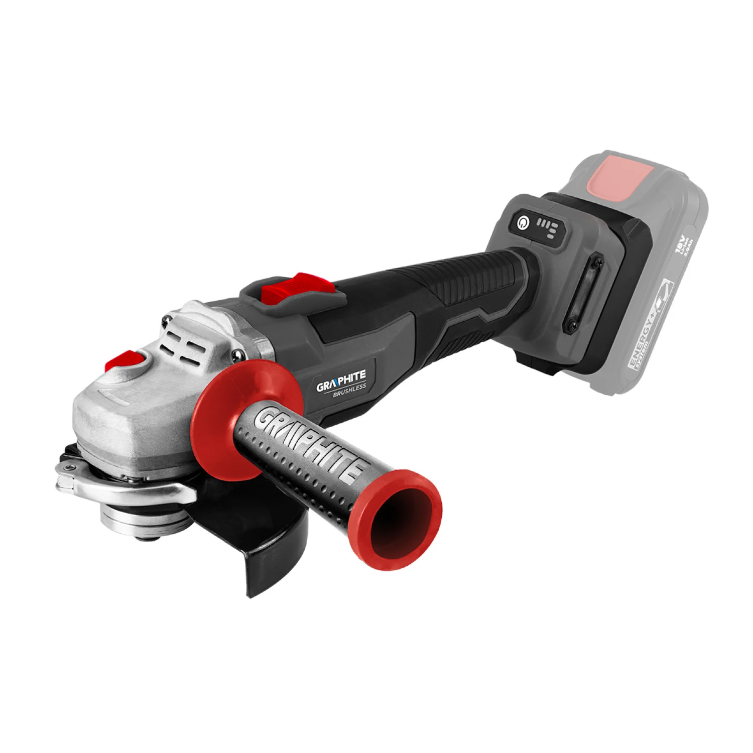 GRAPHITE Akkus szénkefementes sarokcsiszoló, ENERGY+ 18V, 125mm, 3 fordulatszám fokozattal, akku nélkül