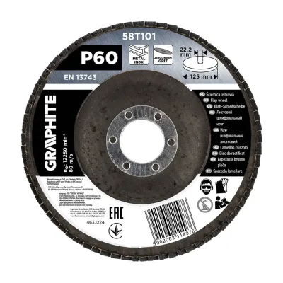 GRAPHITE Csiszolókorong lamellás 125x22,2mm, P60 inox, fém, fa csiszoló- és tisztítókorong
