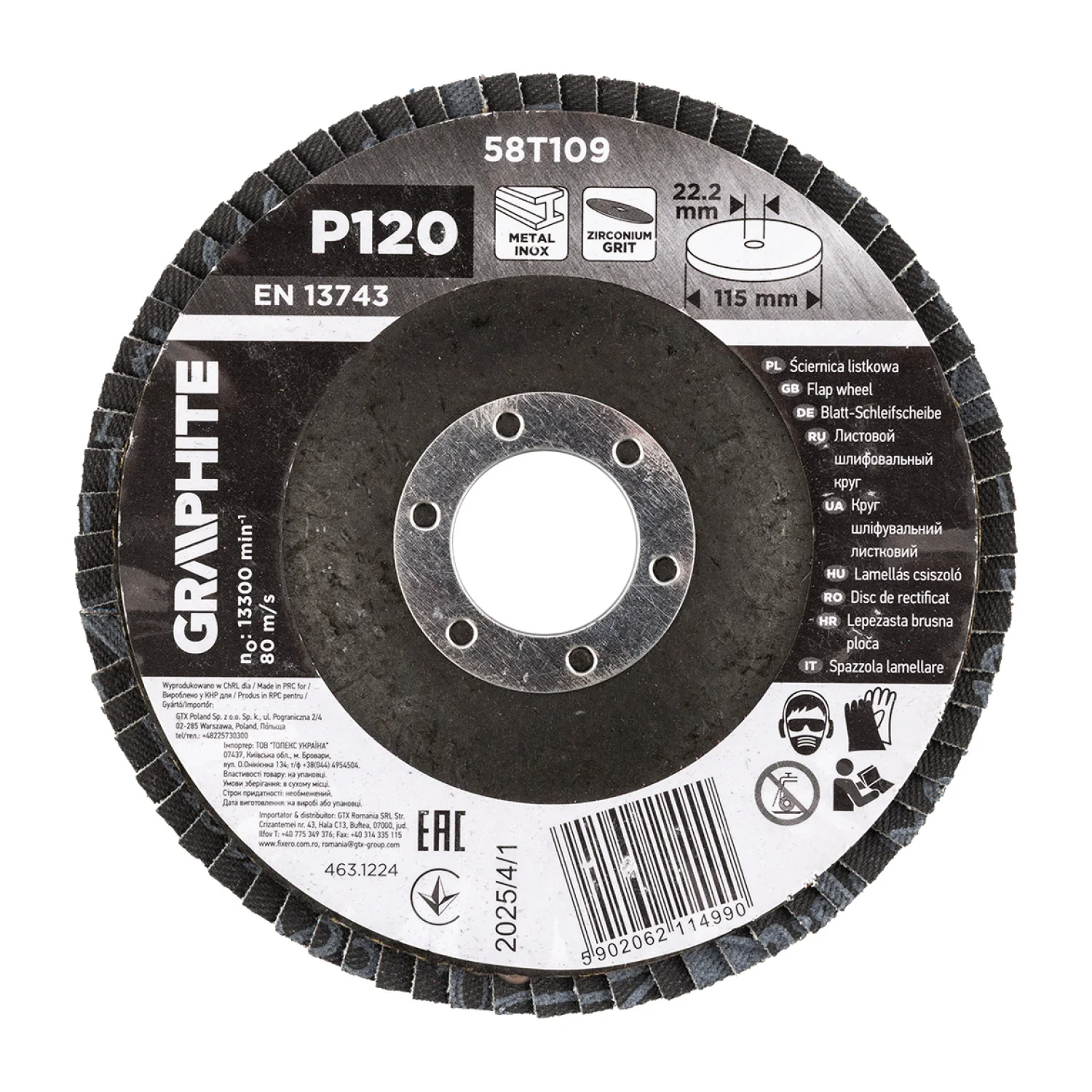 GRAPHITE Csiszolókorong lamellás 115x22,2mm, P120 inox, fém, fa