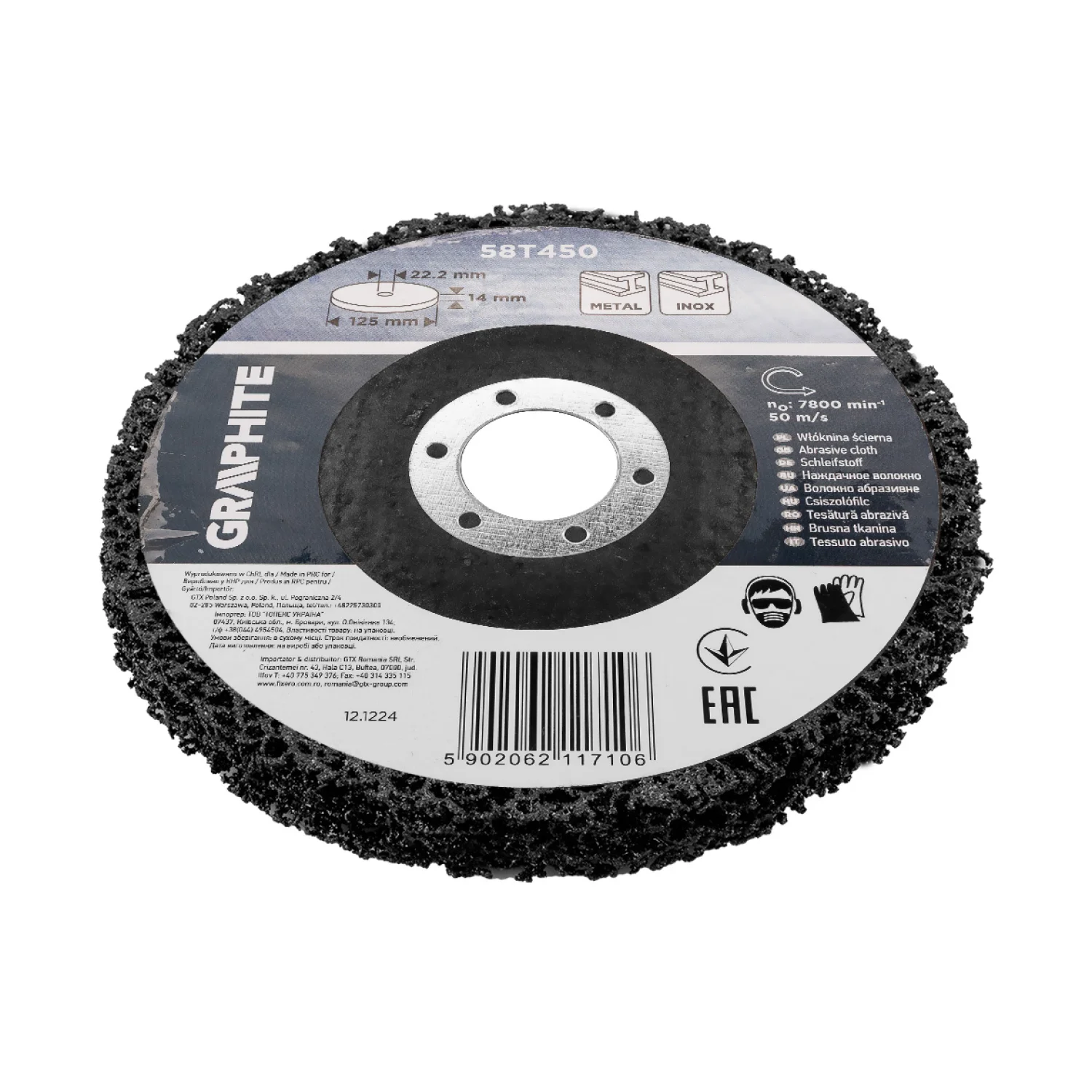 GRAPHITE Tisztítókorong szilikon karbidos műanyag szálakkal, fémcsiszoláshoz, 125x14x22.2mm, sarokcsiszolókhoz
