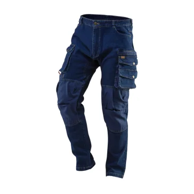 NEO Farmer munkásnadrág, Denim, 98% pamut, térdvédő betét zsebbel, gombos oldalzsebekkel, 255 g/m2