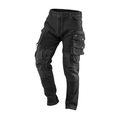 NEO Farmer munkásnadrág, Denim, fekete, 98% pamut, térdvédő zseb, gombos oldalzsebek, 255 g/m2