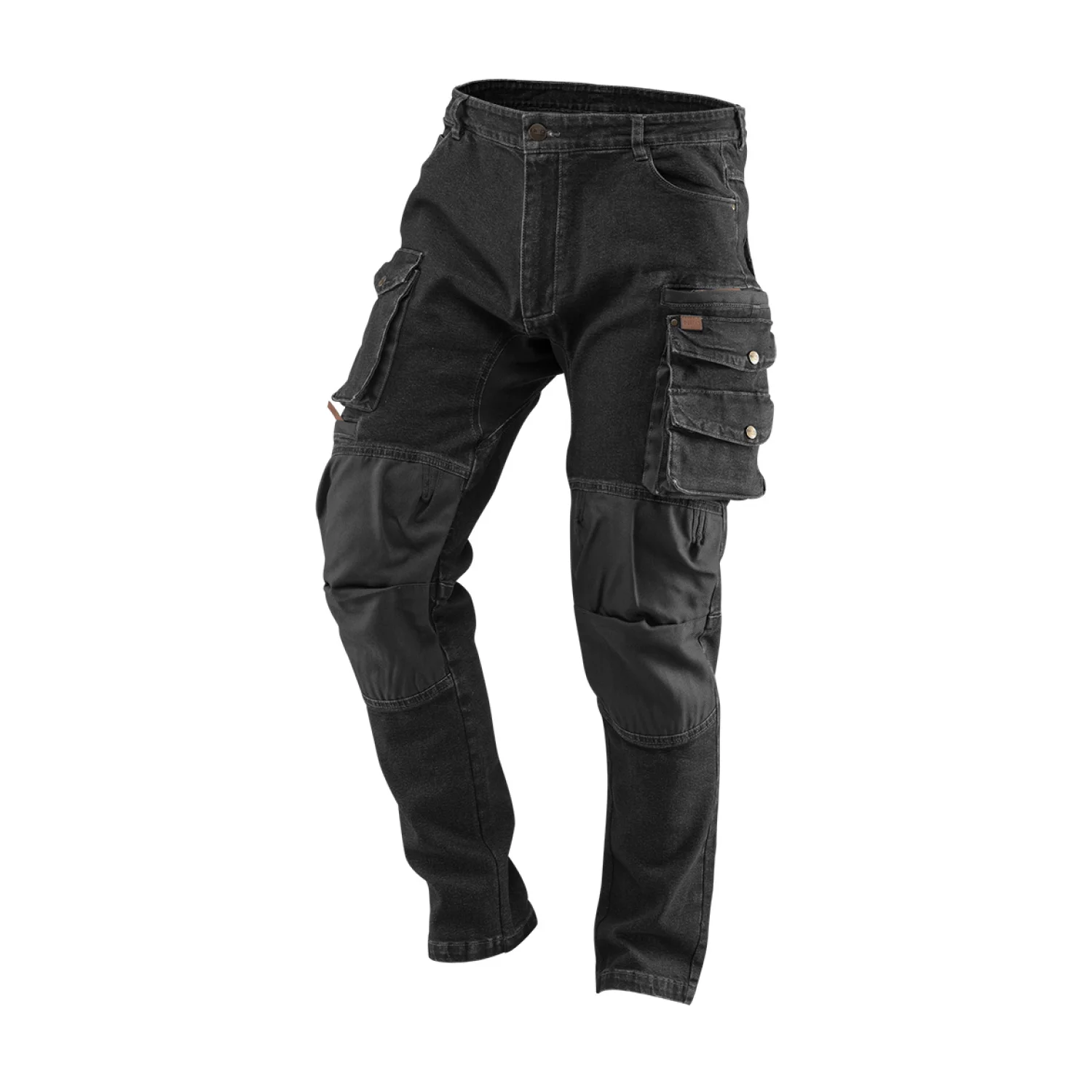 NEO Farmer munkásnadrág, Denim, fekete, 98% pamut, térdvédő zseb, gombos oldalzsebek, 255 g/m2