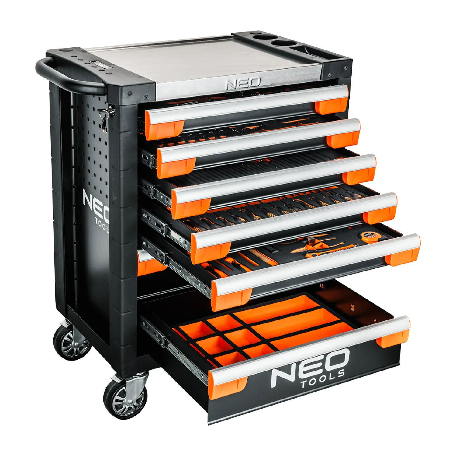 NEO Műhelykocsi 7 fiókkal, 330db szerszámmal 805x972x460mm, szerszámkocsi