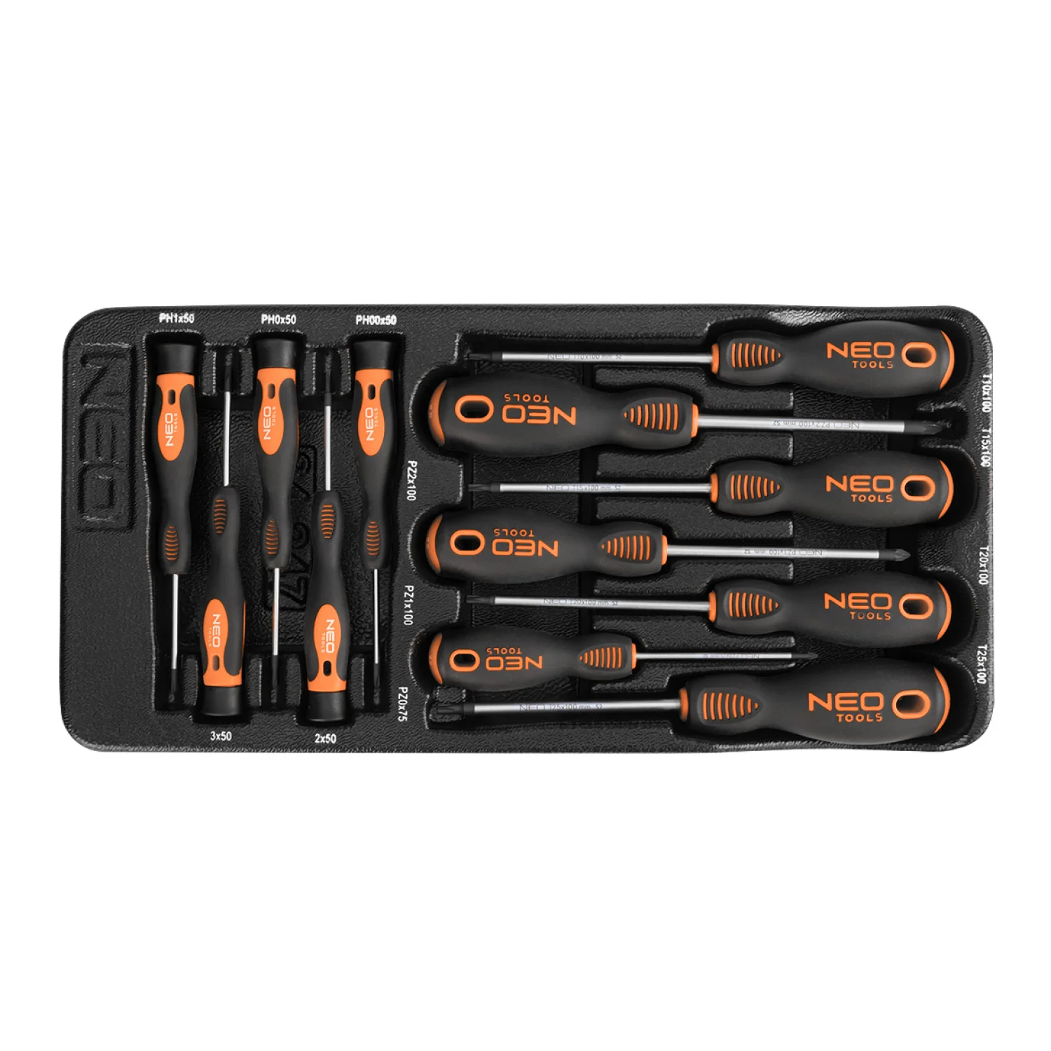 NEO Műszerész, precíziós csavarhúzó készlet, PZ, Torx, 12db, műhelykocsitálcával