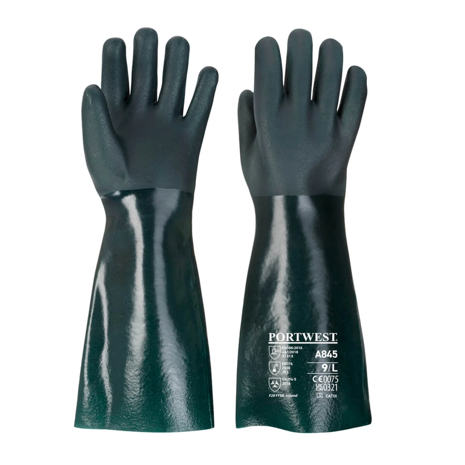 Portwest Duplán mártott PVC védőkesztyű 45cm zöld