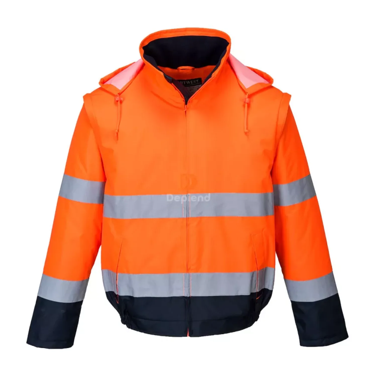 Portwest Hi-Vis 2 az 1-ben kontrasztos Essential Lite bomber kabát narancs / tengerészkék