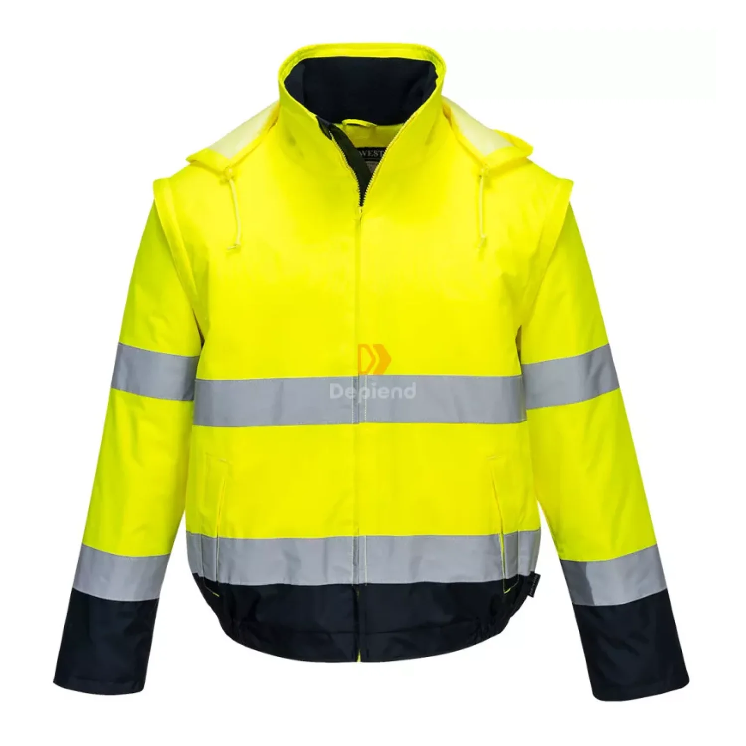Portwest Hi-Vis 2 az 1-ben kontrasztos Essential Lite bomber kabát sárga / tengerészkék