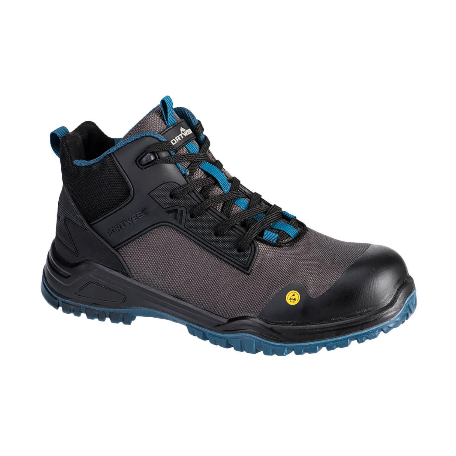 Portwest ESD munkavédelmi bakancs FX2 Bevel Composite Mid Boot S3S SR FO S3S fekete/tengerzöld