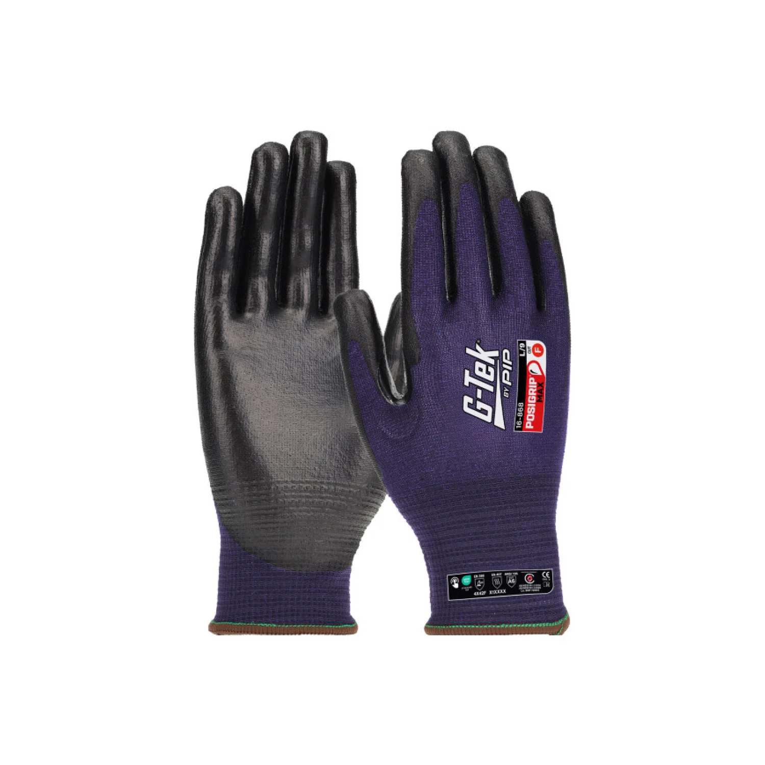 Gtek G-TEK PosiGrip MAX 18G kötött, HPPE/nylon/spandex, PosiGripMax tenyérmártott munkavédelmi kesztyű fekete/lila
