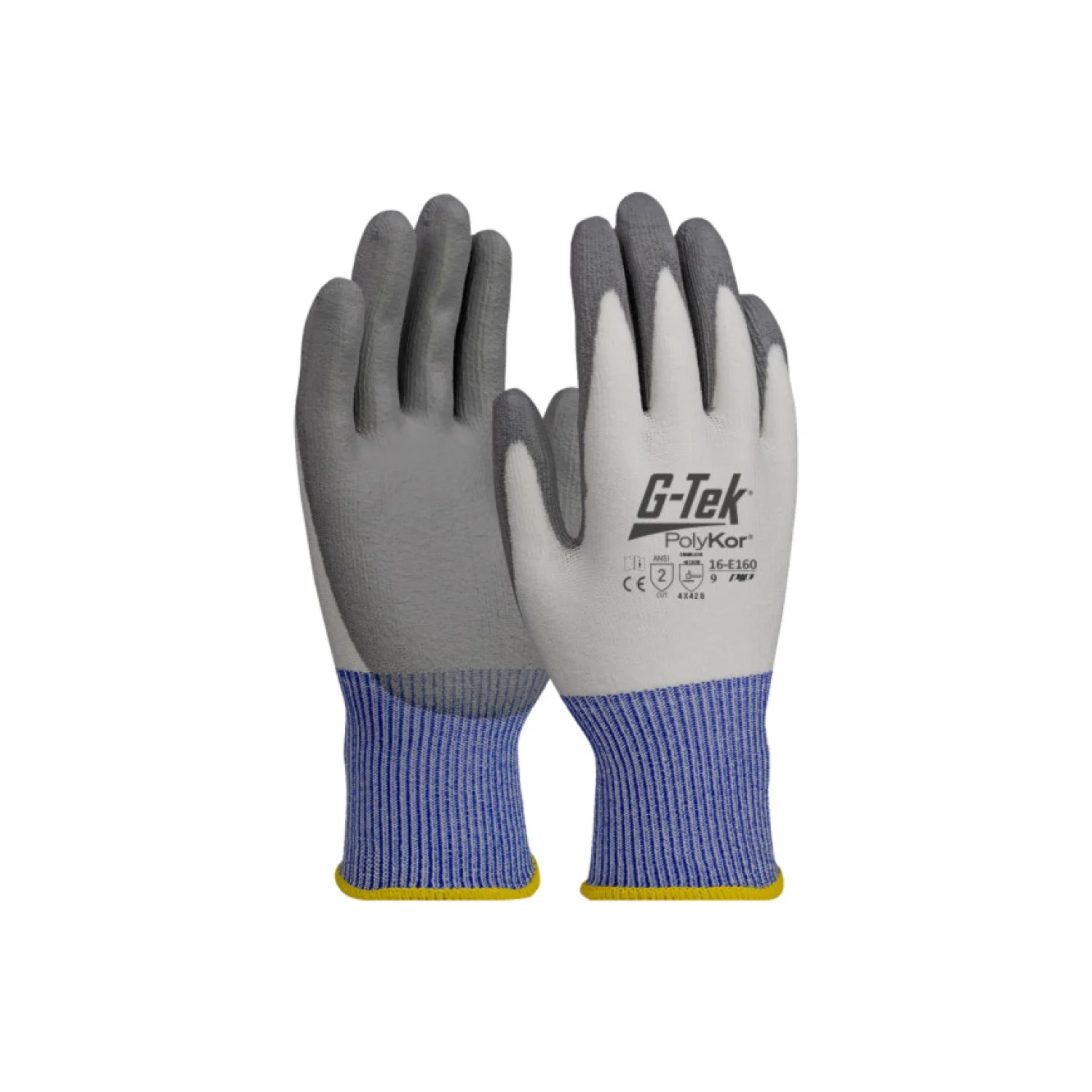 Gtek G-TEK PolyKor HPPE/spandex kötött, PU tenyérmártott munkavédelmi kesztyű szürke/fehér/kék