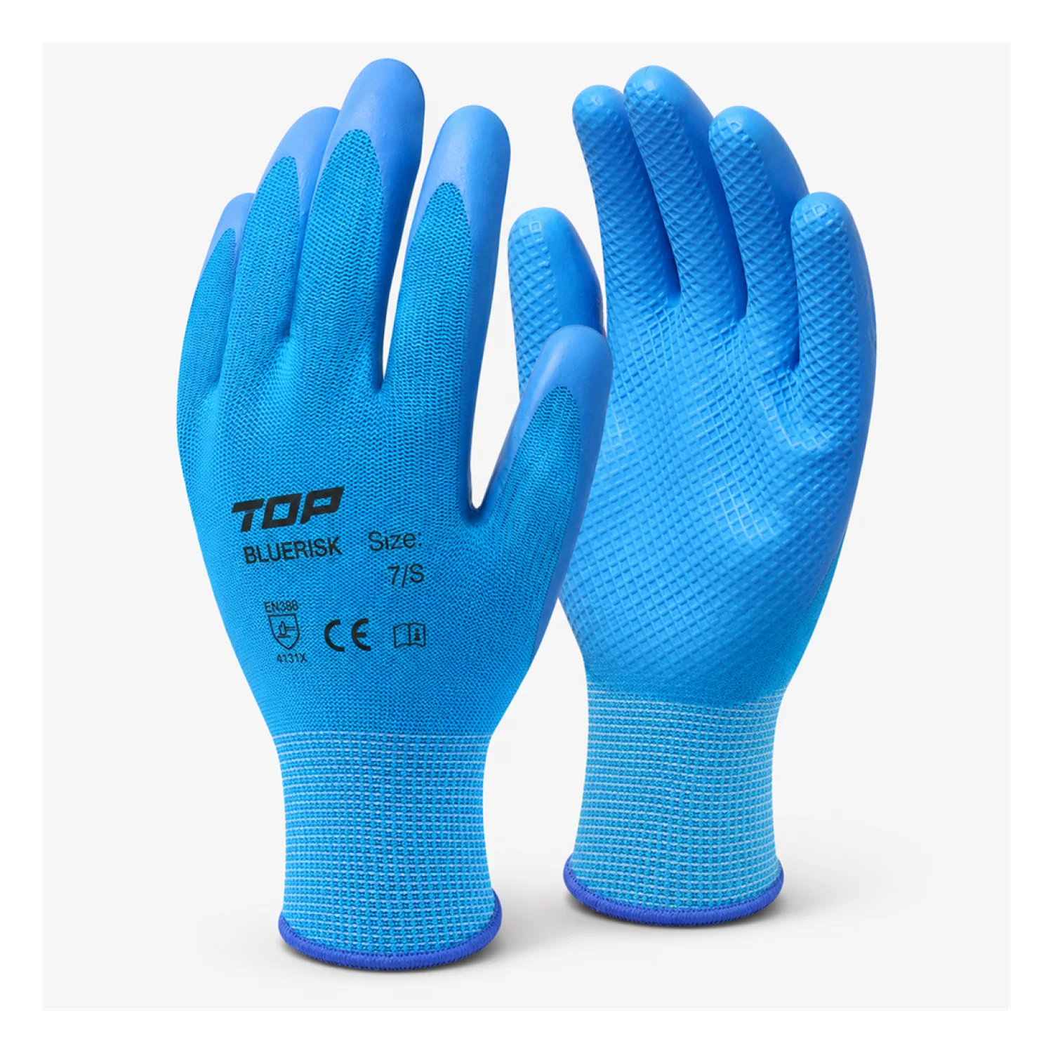 TOP Védőkesztyű TOP BLUERISK poliészter alap latex bevonattal