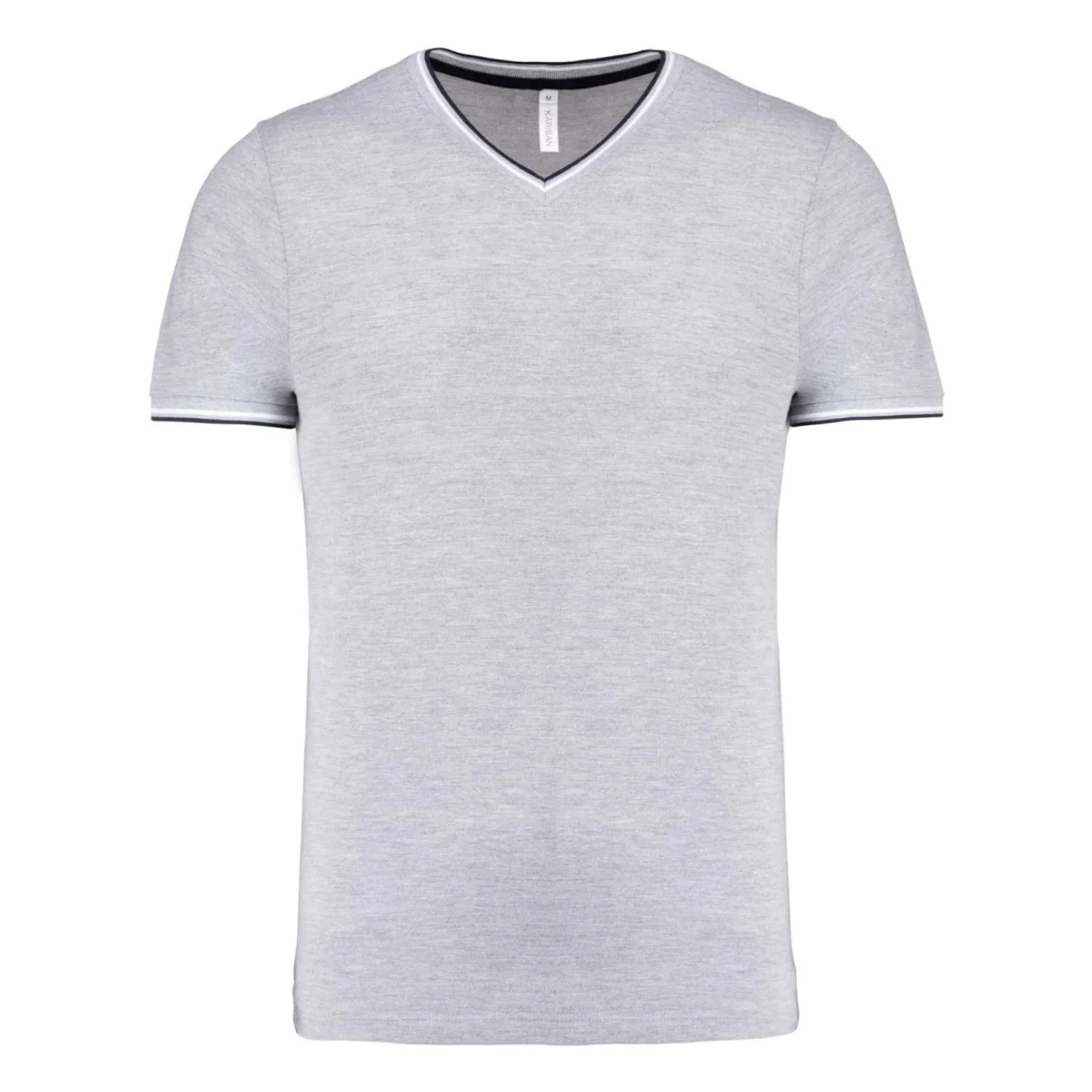 Kariban Férfi v-nyakú piqué póló Oxford Grey/Navy/White